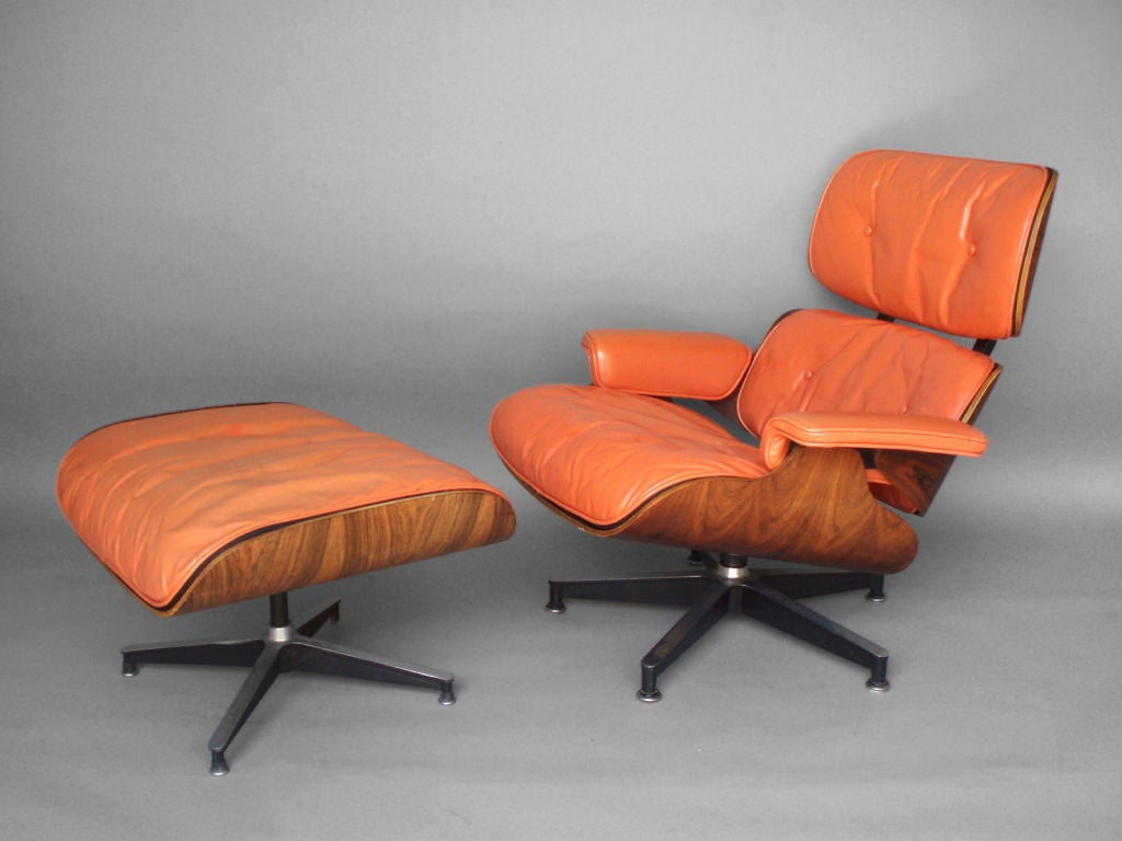 The Best Salmon Leather Eames Lounge Chair with Ottoman<br />
by Charles and Ray Eames for Herman Miller, 670, 671  (white disc label).
