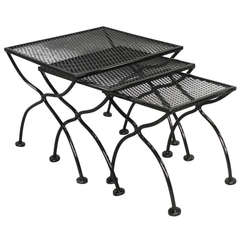 Wrought Iron and Mesh Nest of Outdoor Tables by Russell Lee Woodard