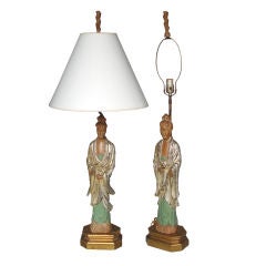 Pair of Carved Chinese Figure Lamps