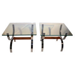 Pair Glass top chrome U base tables attributed to Milo Baughman