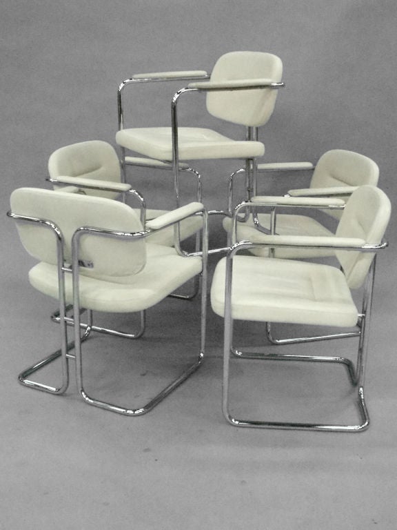 Scandinavian White Leather Dining Chairs on Chrome Frame by Dux Company