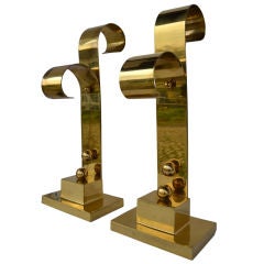 Pair Polished Brass Art Deco Andirons Chenet