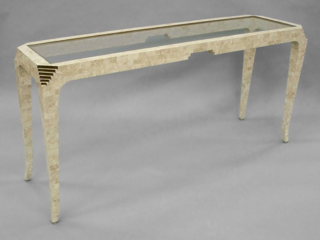 After Karl Springer Tessellated Stone with Brass Trim Console Table