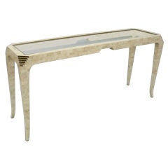 After Karl Springer Tessellated Stone with Brass Trim Console Table