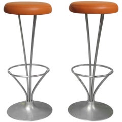 Chrome Barstools with Hermes Orange Leather Seat by Piet Hein
