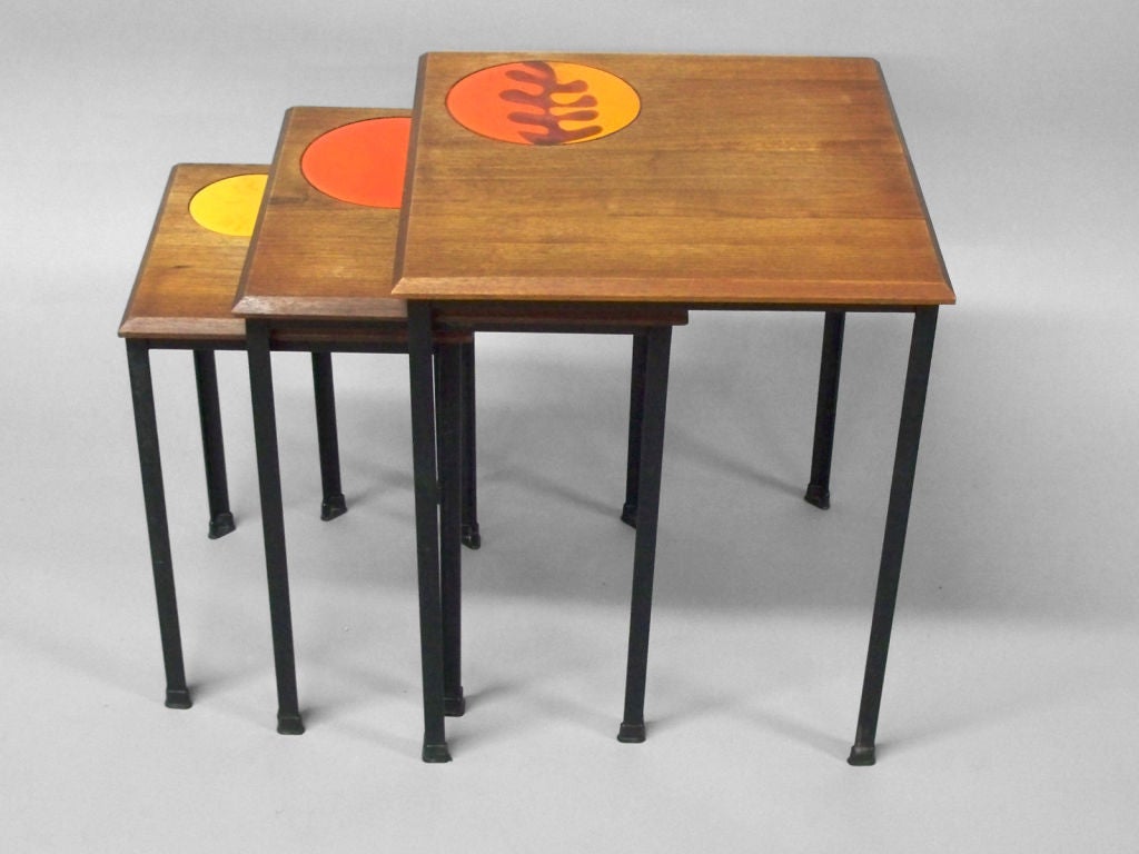 Iron, Walnut Enamel on Copper Nest of Tables