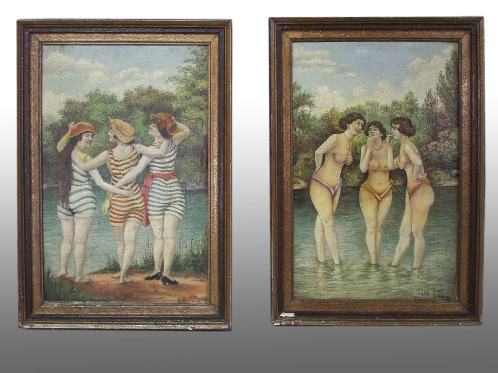 Naughty girls at the lake 1915 and 1950, Signed Ornold, 1940.