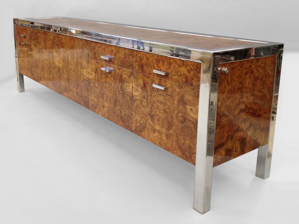 Large Stainless Steel with Burlwood Credenza by Leon Rosen for Pace. Matching Desk Available