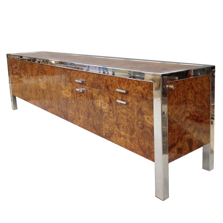 Large Stainless Steel with Burlwood Credenza by Leon Rosen
