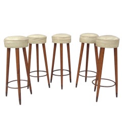 Six Leather Barstools with Brass Stretchers and Wood Legs
