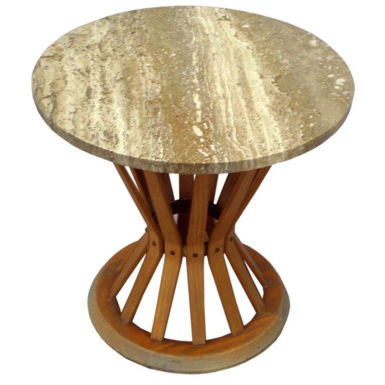 Travertine top sheaf of wheat occasional table by Edward Wormley or Dunbar.