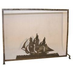 Antique Arts and Crafts Mission Screen with cut steel Clipper Ship trim