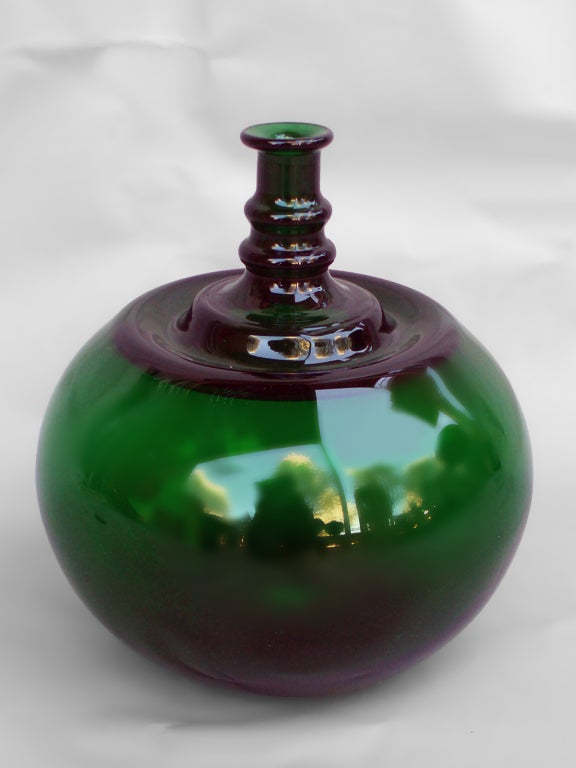 Bulbous green glass vase by Kaj Franck, Signed on underside.