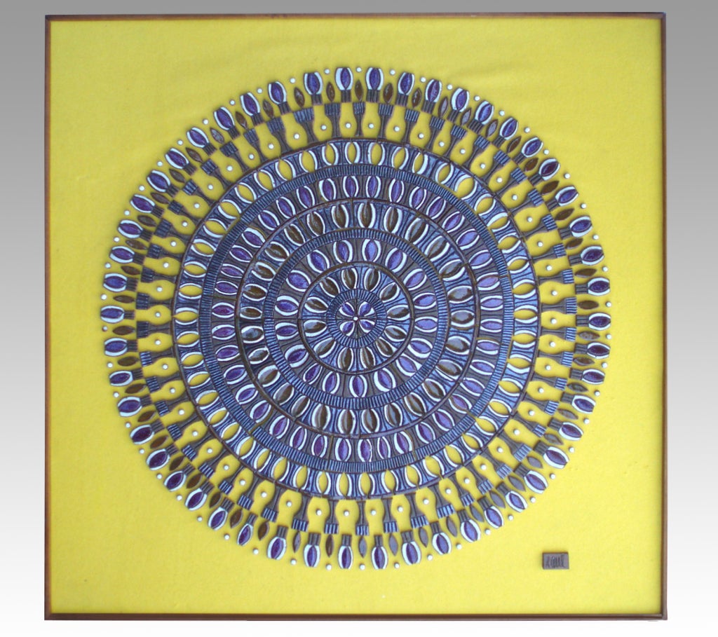 "Jeweled Brilliant Sun" ceramic on yellow felt in walnut frame 
by Raul Coronel, worked with Peter Voulkos and Susan Peterson, Architectural Pottery.