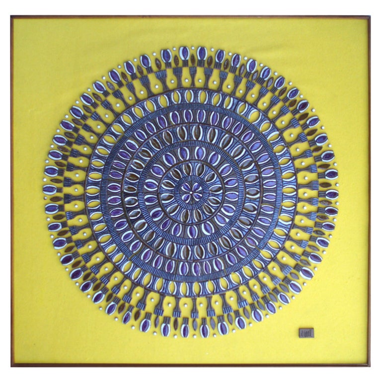 "Jeweled Brilliant Sun" Ceramic on yellow felt by Raul Coronel