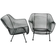 Pair Wrought Iron and Mesh Lounge Chairs by Russell Woodard