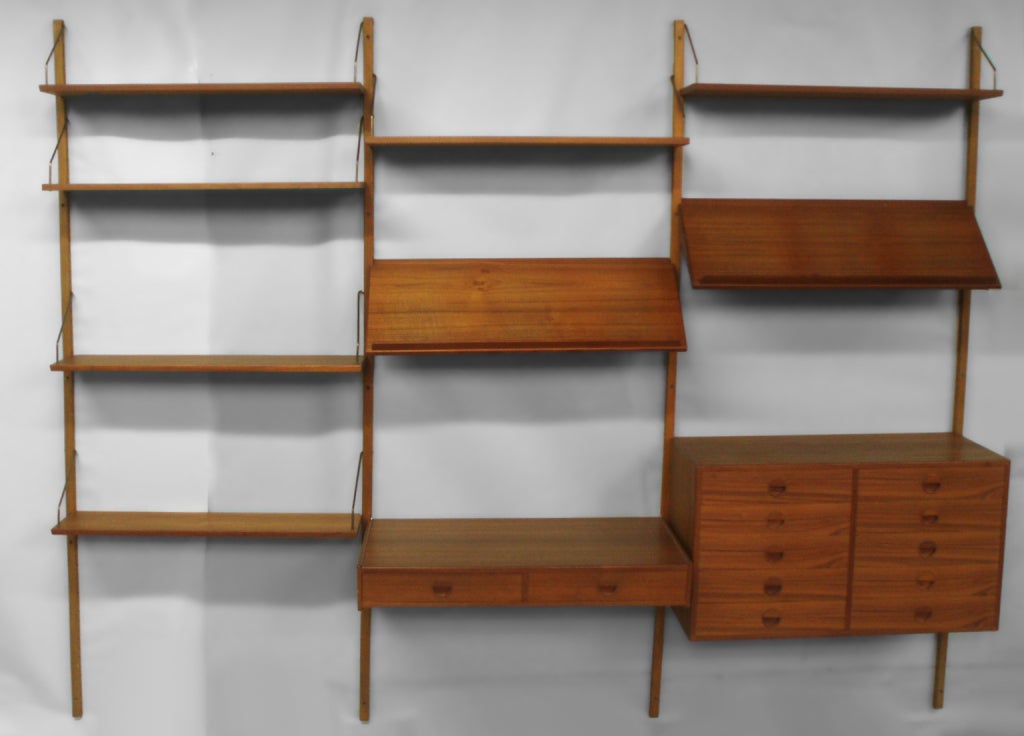 Teak Wall Mounted Storage Shelves with Cabinets, Danish Import Badge. 
82.5