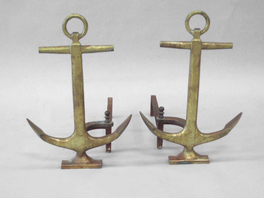 Pair of Cast Brass Anchor Andirons Marked AWS possibly American Welding Society