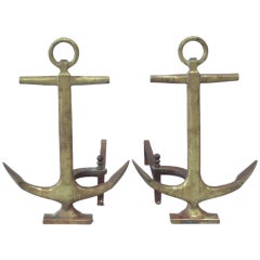 Pair of Cast Brass Anchor Andirons Marked AWS