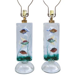 Italian Glass "Aquarium " Theme Table Lamps by Alfredo Barbini