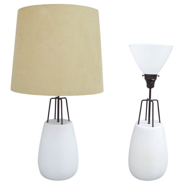 Pair of Matte White Pottery Table Lamps with Iron Detail at 1stdibs