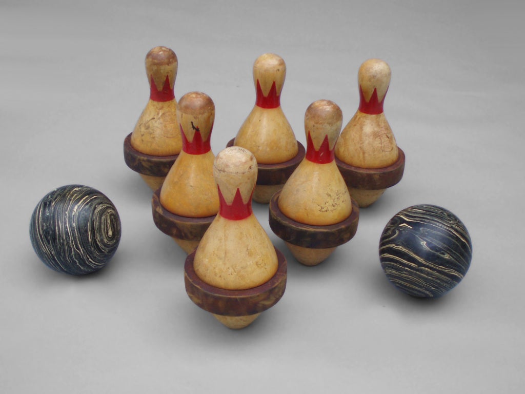 Duckpin Bowling Pins and Balls by William Wuerthele for Brunswick. Brunswick Red Crown Rubber Band Duck Pins with Mineralite Balls.