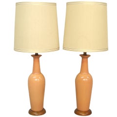 Pair of Crackle Glaze Salmon Tone Table Lamps