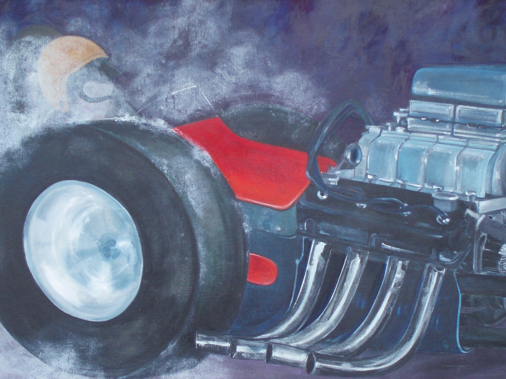 Naive Art Man Cave Car Painting of Supercharged Chrysler Hemi Powered Fuel Dragster . So well done you can almost hear the roar . 