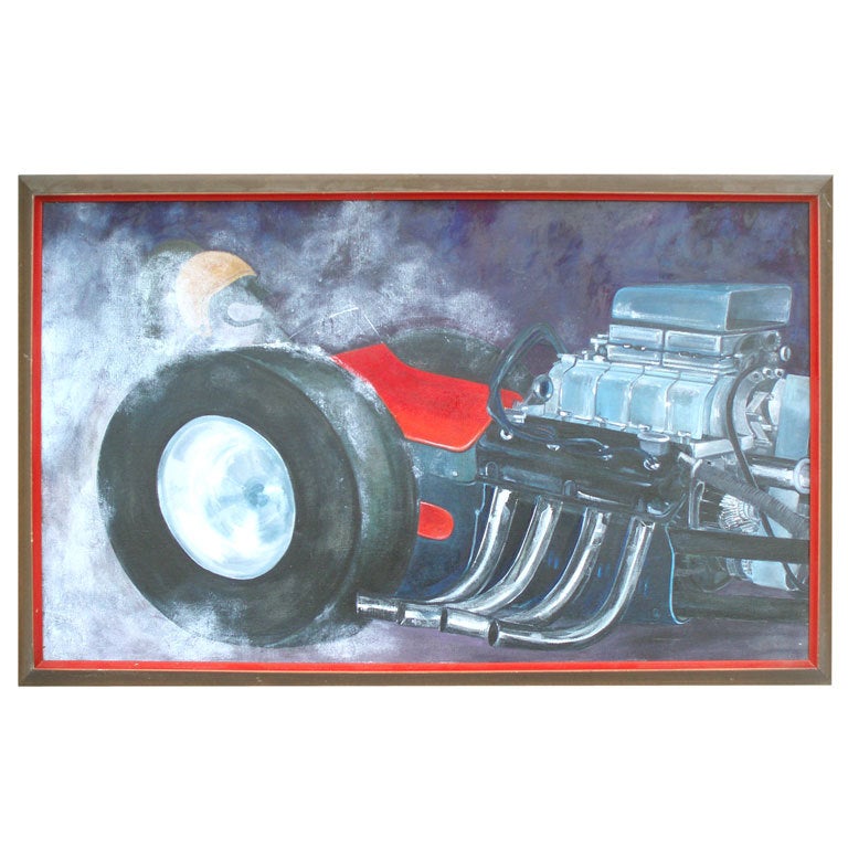 Naive Art Man Cave Car Painting of Supercharged Hemi Chrysler Hot Rod For Sale