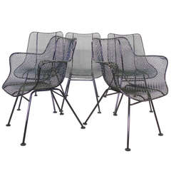 Six Wrought Iron with Mesh Dining Chairs by Russell Woodard