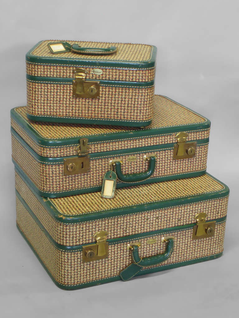 Wonderful Three Piece set of 1940's Leather Trimmed Luggage by
Maximillion of New York
Largest 21