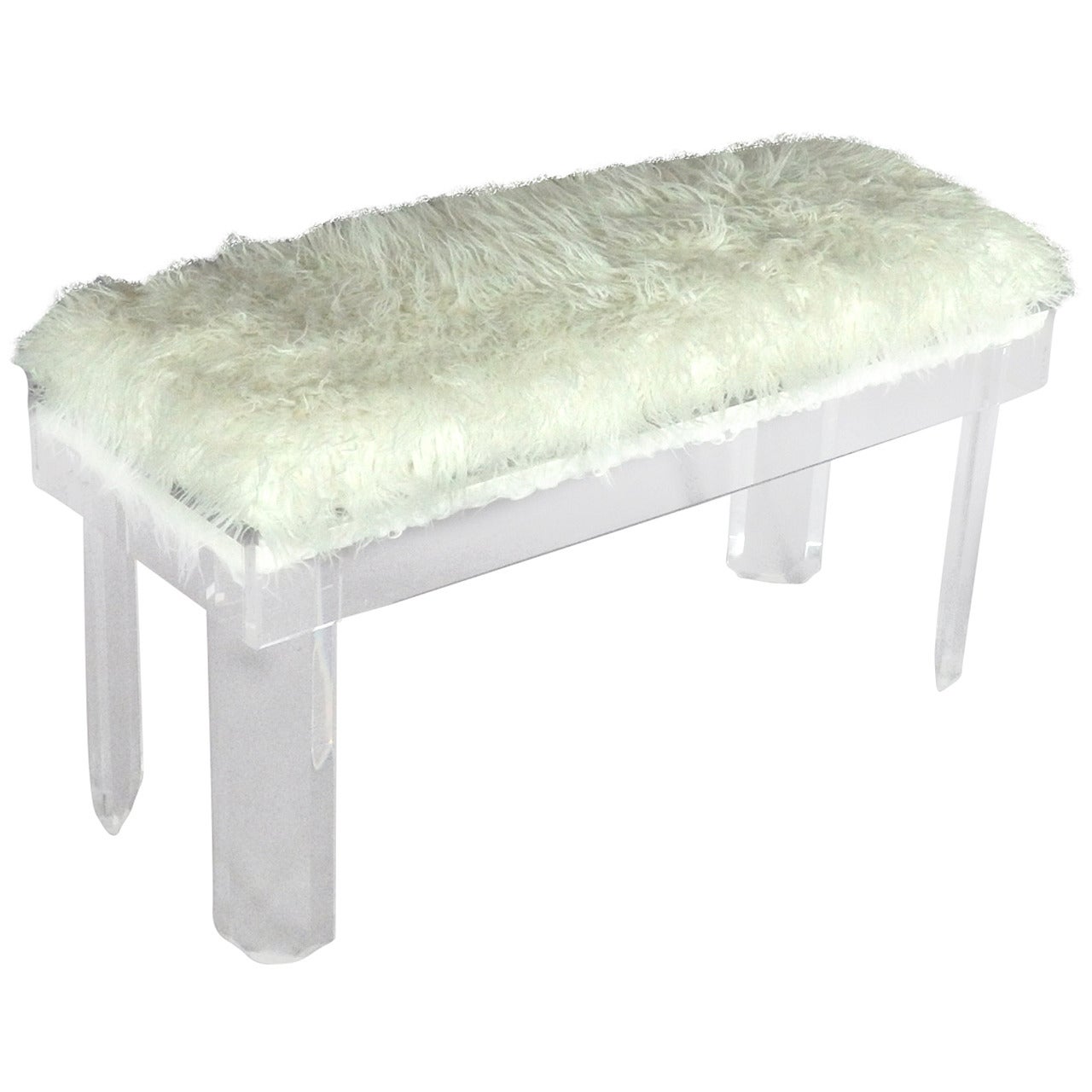 Acrylic Lucite bench upholstered in white faux fur For Sale