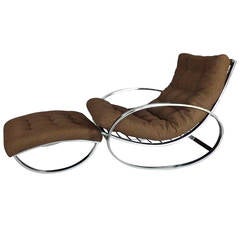 Chrome Tube Milo Baughman Style Rocker with Ottoman in Brown Boucle