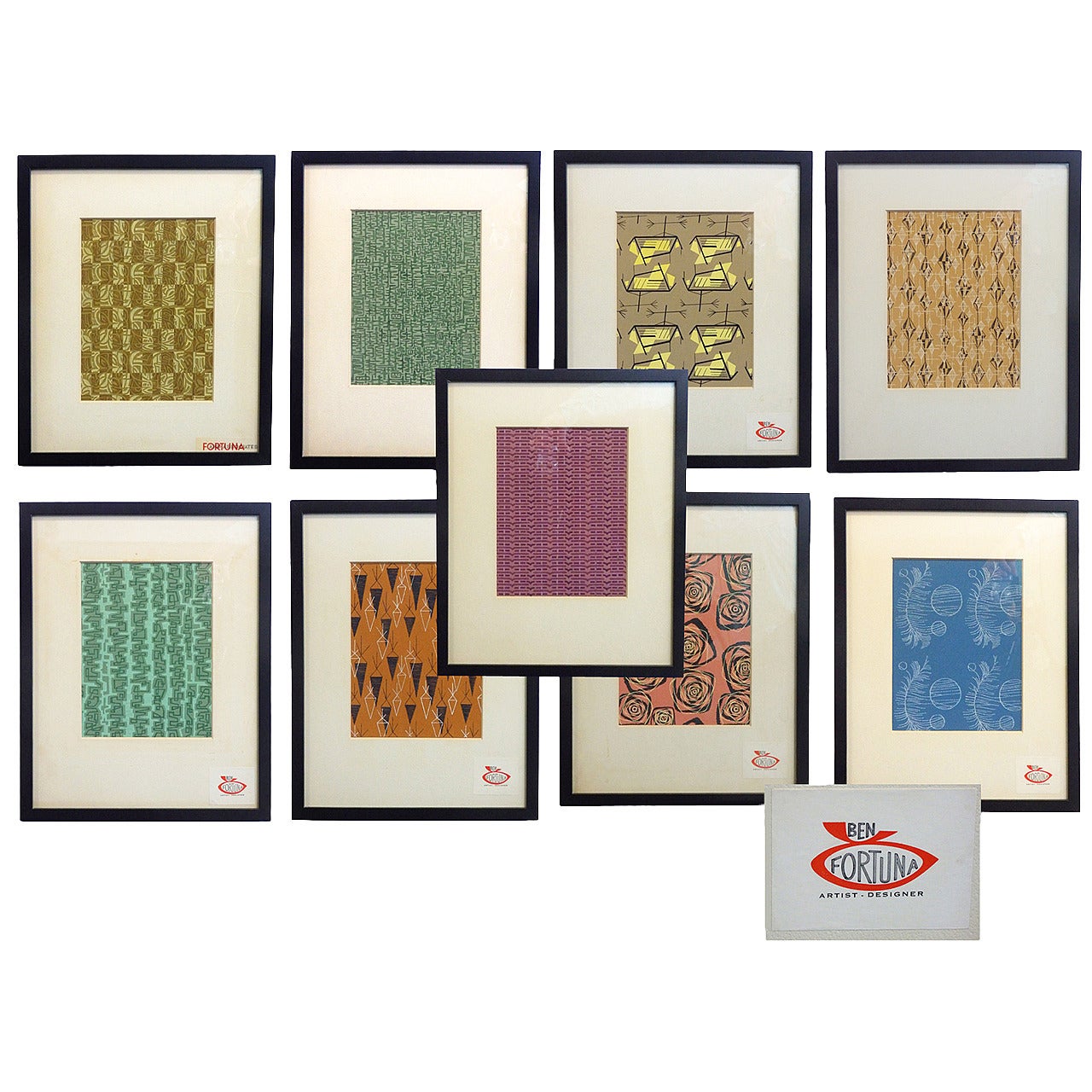 Serie von neun modernistischen Gouache-Studien von Ben Fortuna für Textilien und Tapeten im Angebot