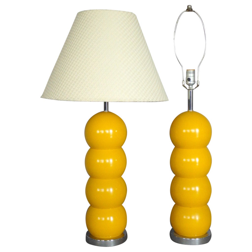Pair of Op-Pop Mod Yellow Ball Table Lamps by George Kovacs