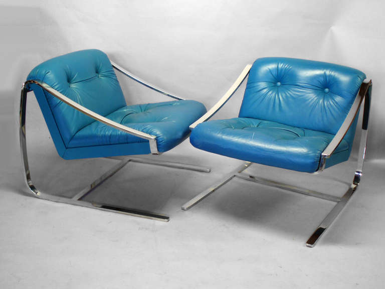 Pair of Polished Stainless  Cantilever Frame with Leather Seat Chairs
by Charles Gibilterra for Brueton