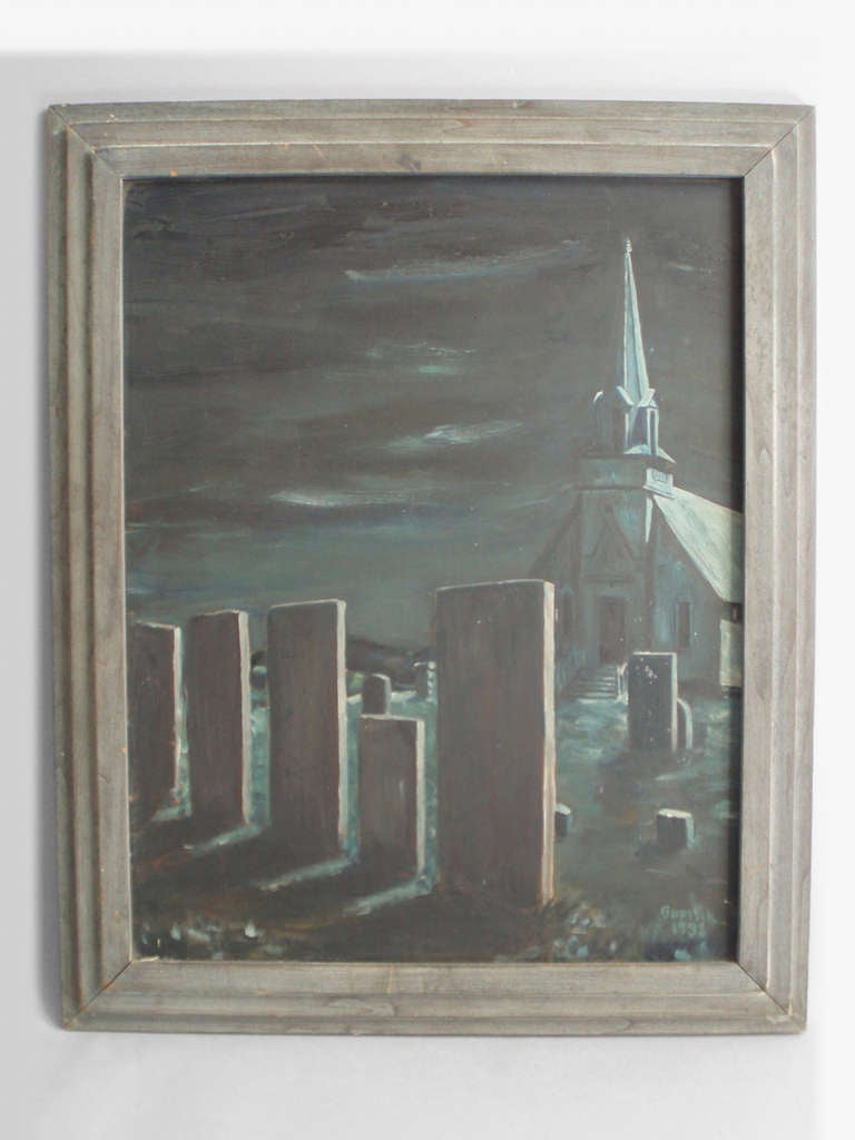 Mitternacht auf dem Kirchenfriedhof, unleserliche Unterschrift von 1938.
Öl auf Karton in originalem, abgestuftem Art-Déco-Rahmen.