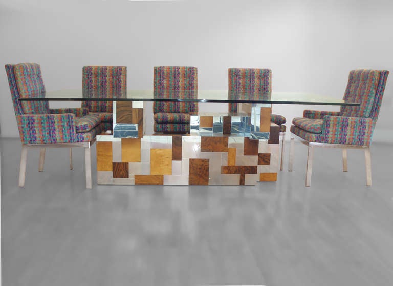 Burl Wood and Stainless Steel Panel Cityscape Dining Set
Table with Eight Chairs by Paul Evans for Directional. Purchased from Original Owners. True City Skyline Profile.
Table: 48