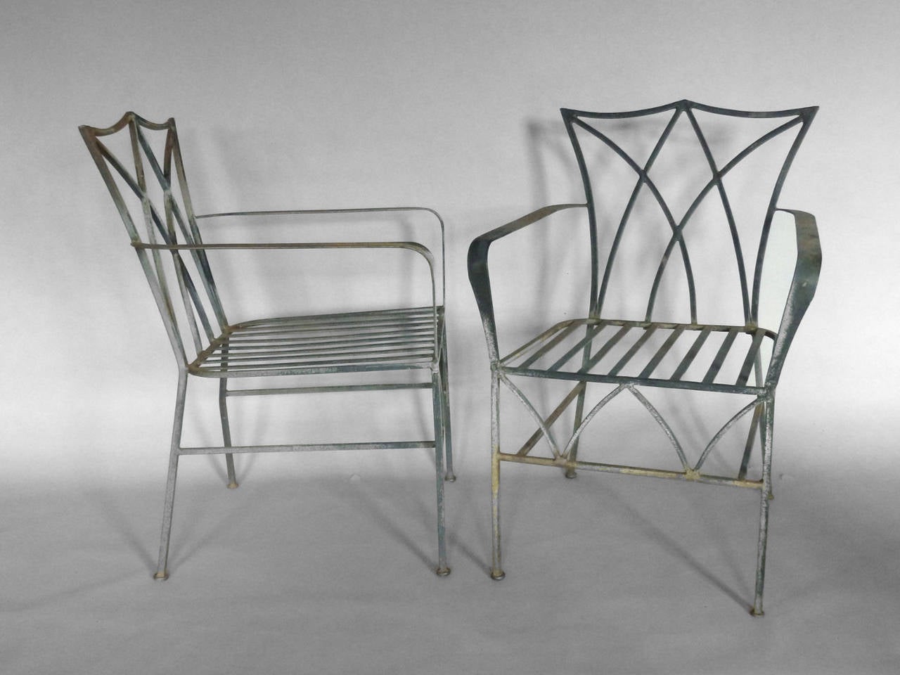 Welded Pair of Elegant Salterini Wrought Iron Chairs with Table