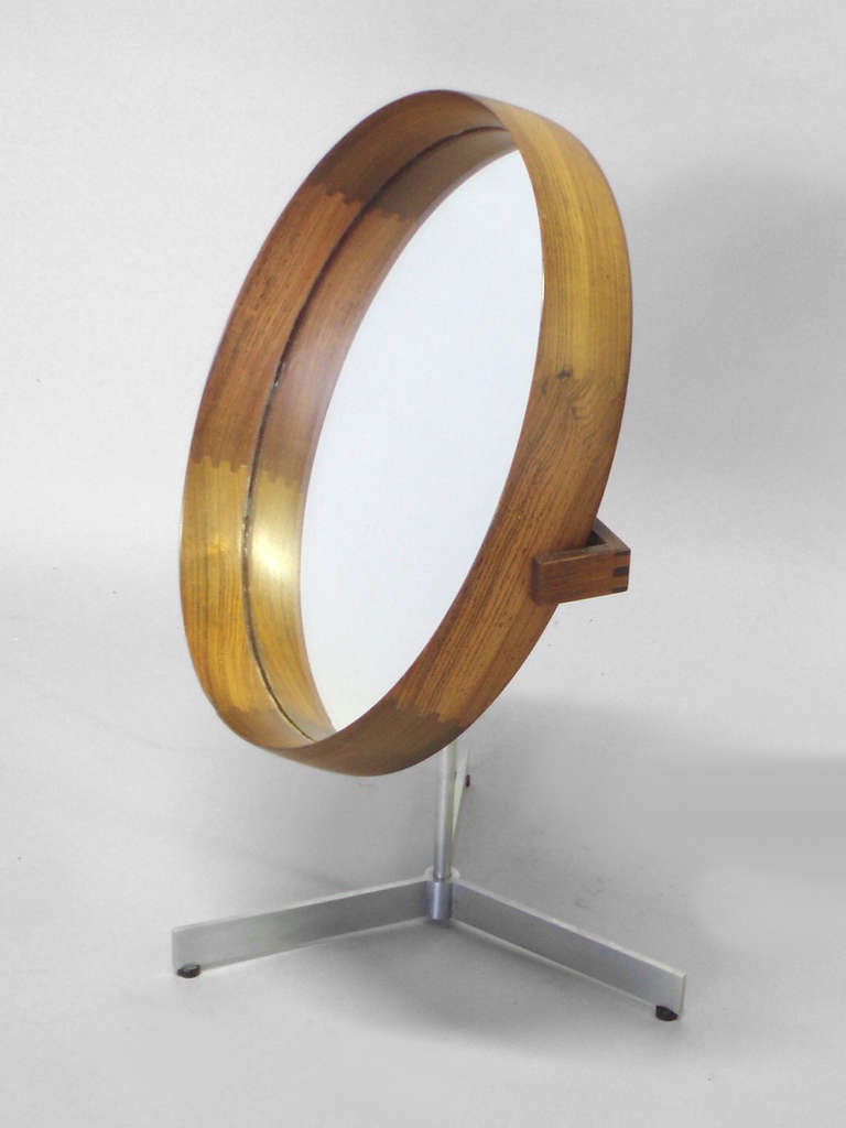 Rosewood with satin chrome base tabletop mirror by Uno and Osten Kristiansson for Luxus Vittsjo.