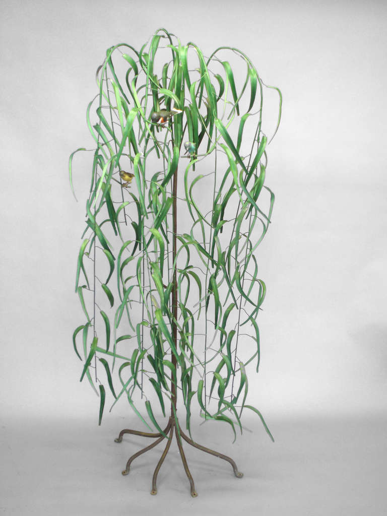 Wrought iron frame sculpted sheet metal willow tree with realistic sheet metal leaves and  birds. Marked Italy. 