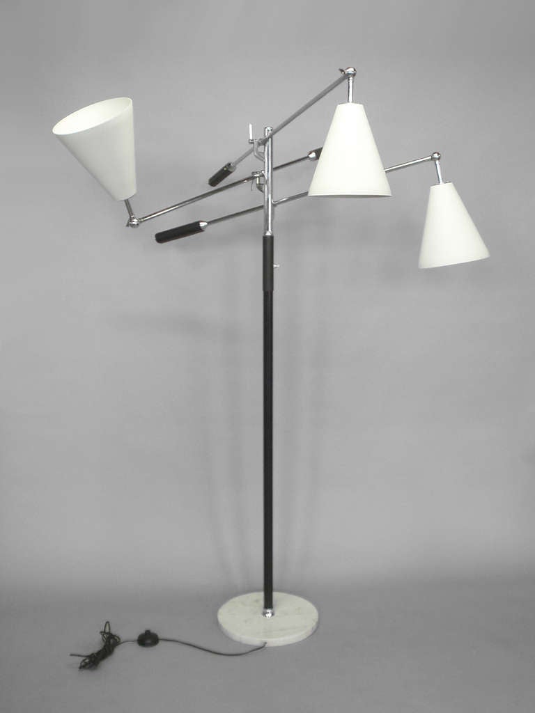Classic Three Arm Chrome Triennale Floor Lamp In Excellent Condition In Ferndale, MI