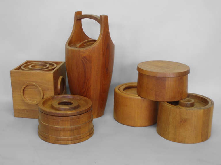 Collection of Six Danish Teak Ice Buckets by Jens Quistgaard for Dansk and Nissan.
Tallest: 19.25