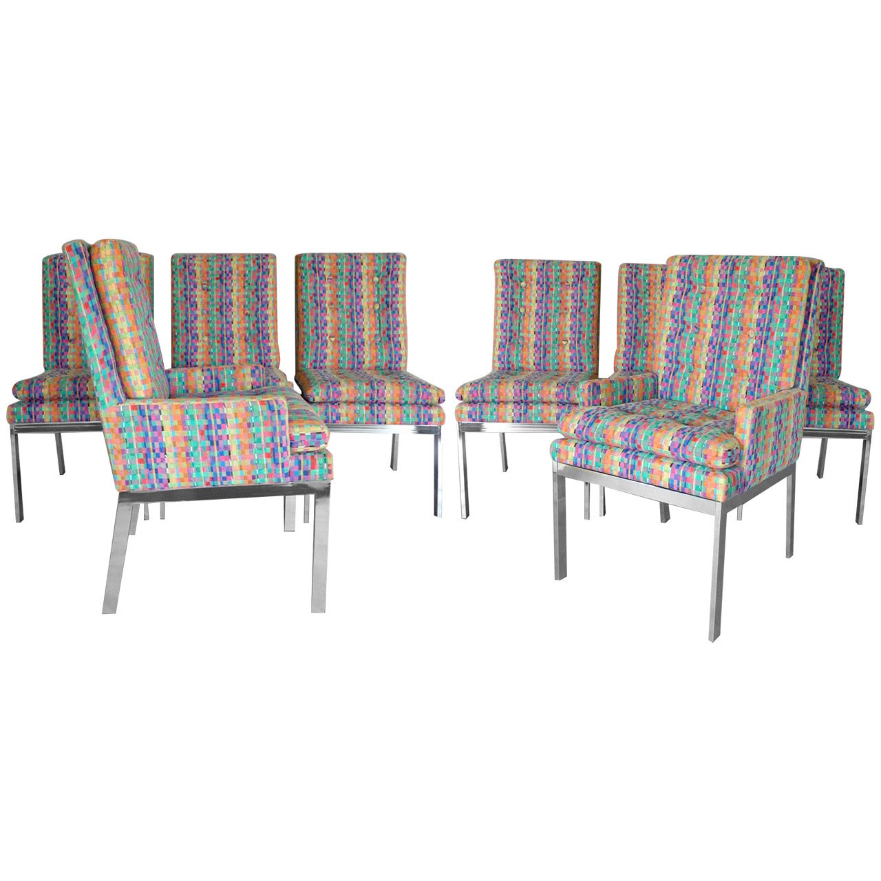 Set of Eight Paul Evans Style Chrome Base Dining Chairs