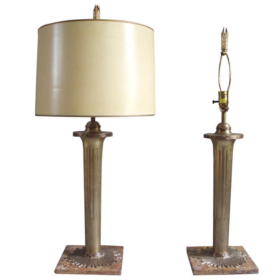 Pair of Torch Theme Bronze on Marble Table Lamps by The Chapman Company