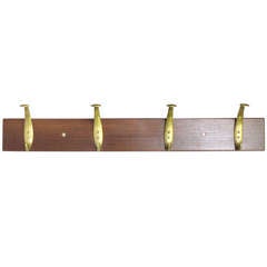 Teak and Brass Coat Hat Rack with Hooks