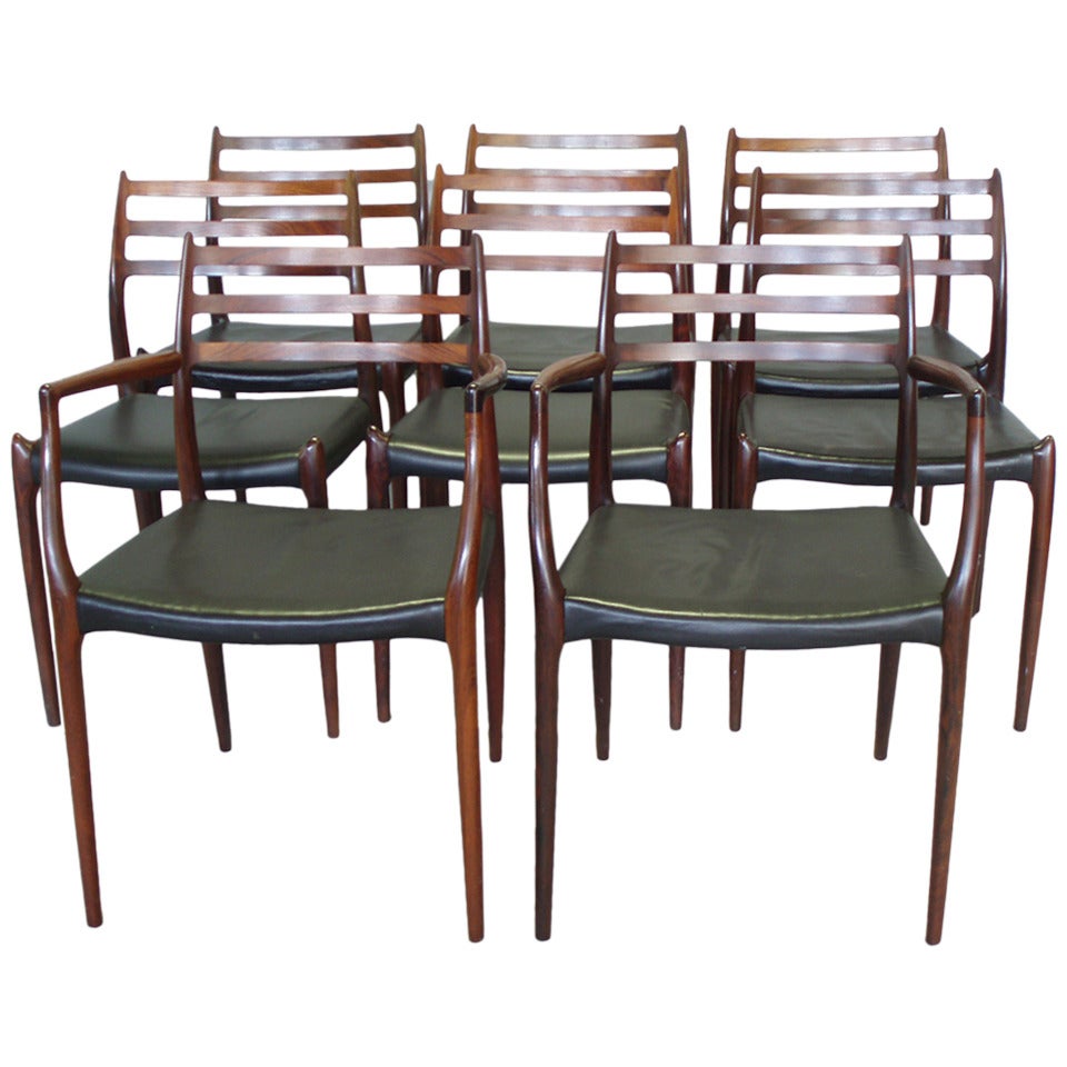 Set of Eight Vibrant Rosewood Dining Chairs by Niels O. Moller