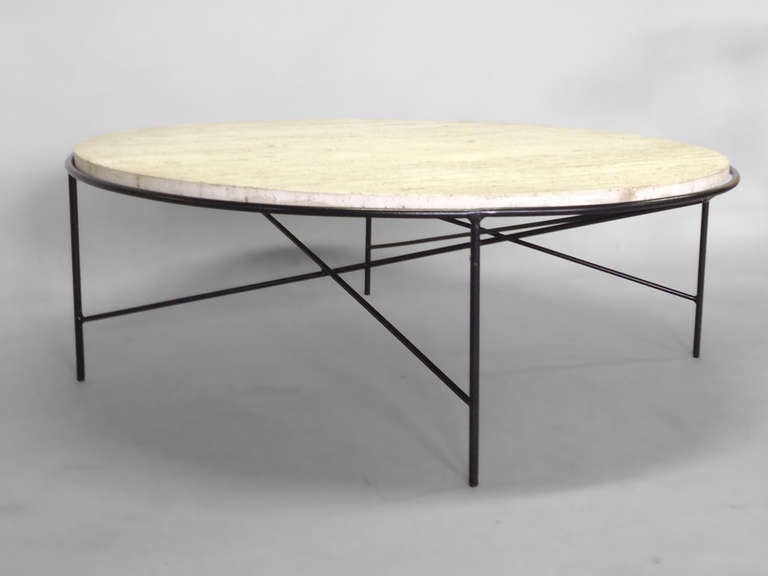 Rare Wrought Iron Base Travertine Coffee Table by Paul McCobb for Arbuck