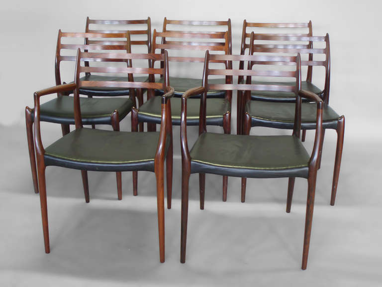 Danish Set of Eight Vibrant Rosewood Dining Chairs by Niels O. Moller