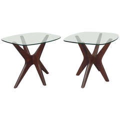 Pair of Glass Top Walnut Jacks Tables by Adrian Pearsall